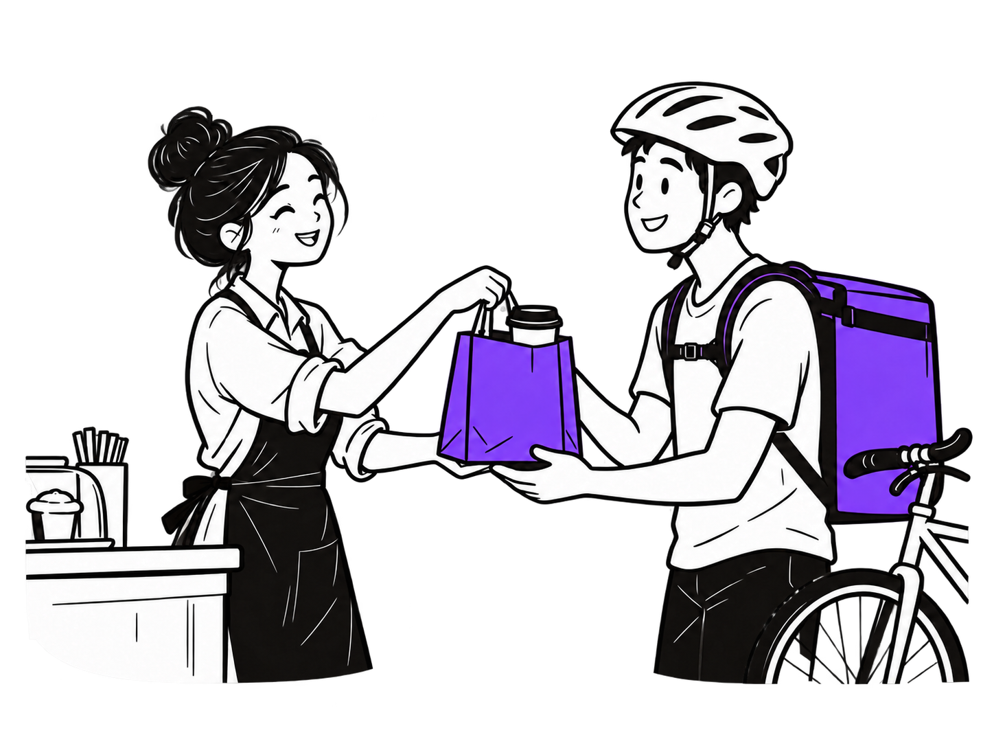 Eine Café-Mitarbeiterin übergibt eine verpackte Bestellung an einen Fahrradkurier.